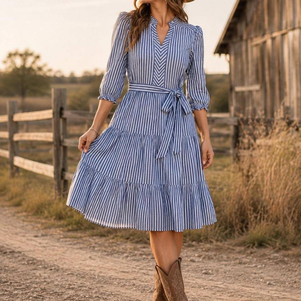 Monteau Womens Dress Tiered Midi Blue White Striped Rayon L